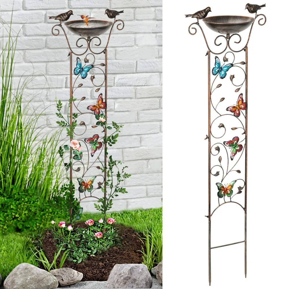 Outdoor Metal Garden Trellis with Bird Bath for Climbing Plants 100cm Antique Iron Butterfly Bird Decor Garden Plant Support