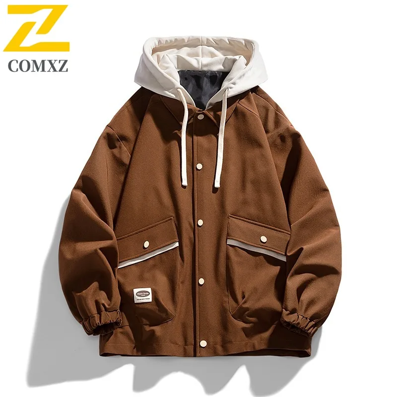

COMXZ 2025 Mens Jackets Plus Size Hooded Hiking Travel Windproof Lightweight Workwear Jacket Casual Coat Breathable Outerwear