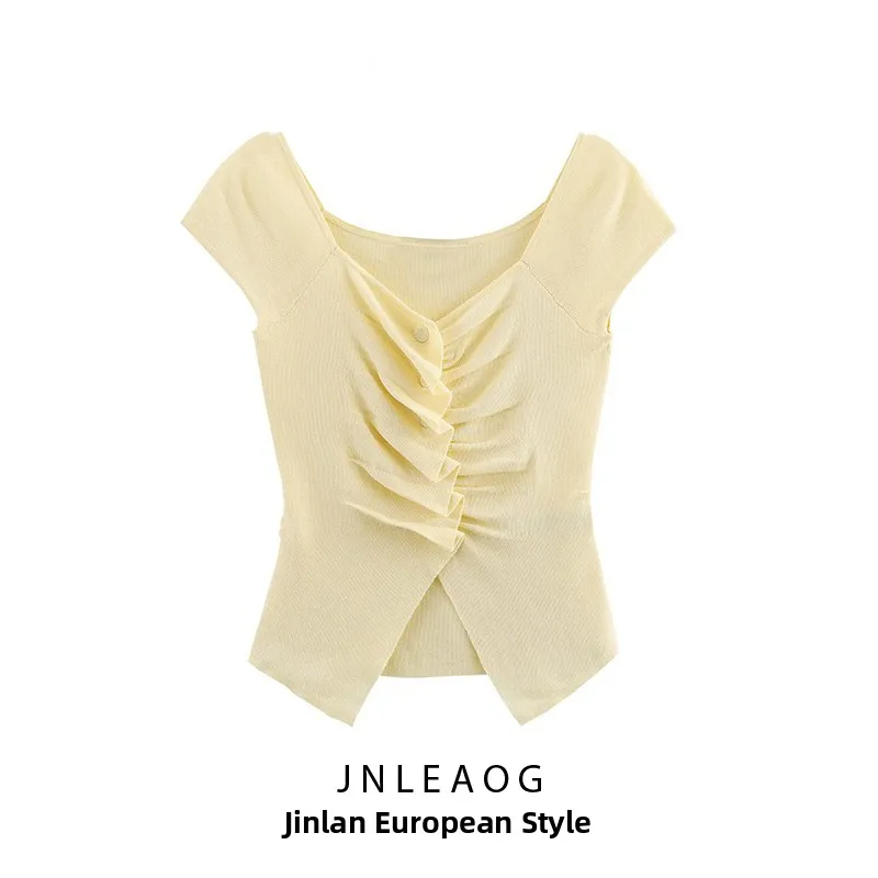 JNLEAOG Herbst Neue frauen Gestrickte Gefaltete Dekoration Top Ele Sle Hohe Taille Gerade Rohr Sommer Casual ort Sve