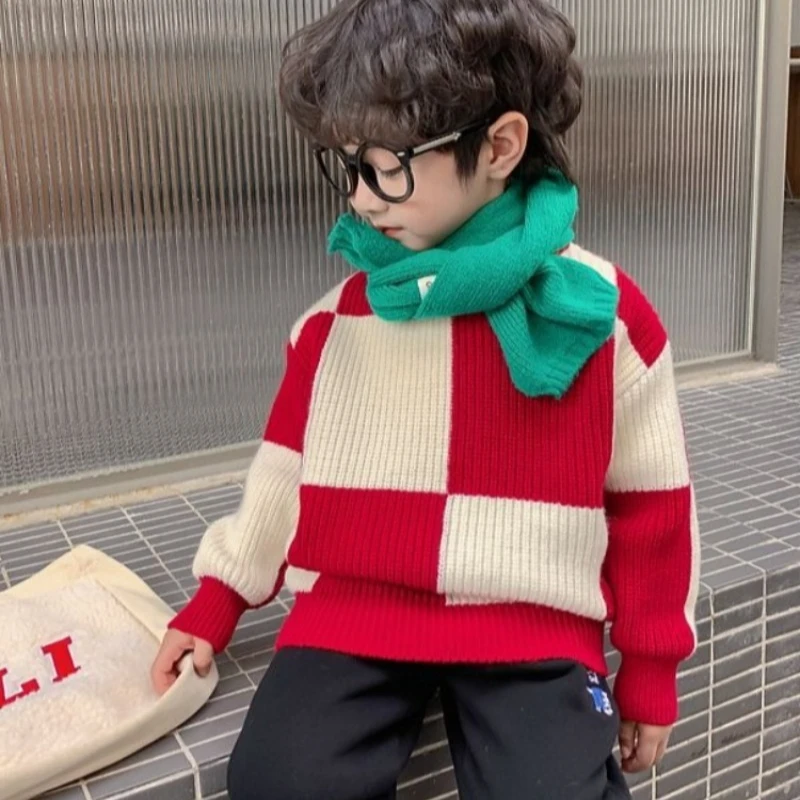 

Kids Unisex Thermal Fleece-Lined Knit Hooded Sweater 2025 Winter New Style Heavyweight Winterwear Bestseller