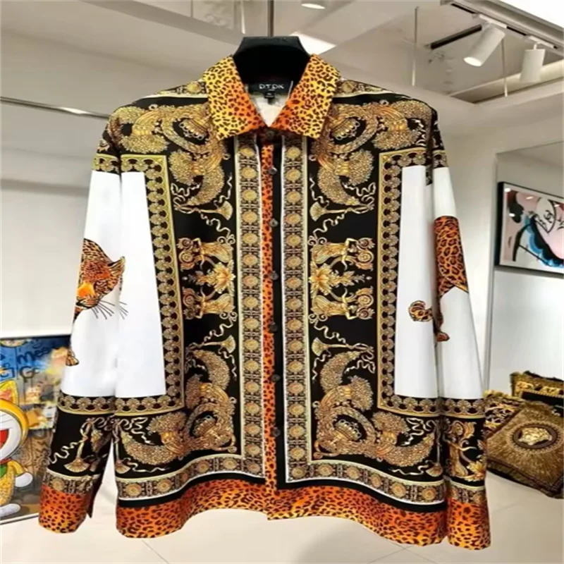 2025 Fashion Pria Mewah Ringan Lengan Panjang Bermotif, Kemeja Lengan Panjang Eksklusif untuk Pria dan Wanita, 100% Serat Poliester, Fashion