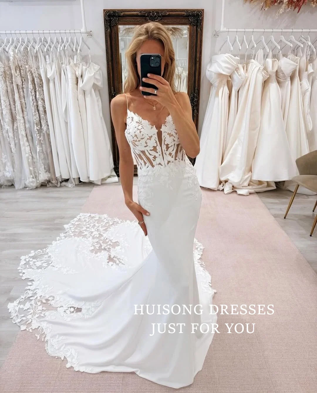 HUISONG مخصص الدانتيل يزين الساتان حورية البحر فساتين الزفاف السباغيتي الأشرطة أكمام فستان زفاف الشاطئ vestidos de novia