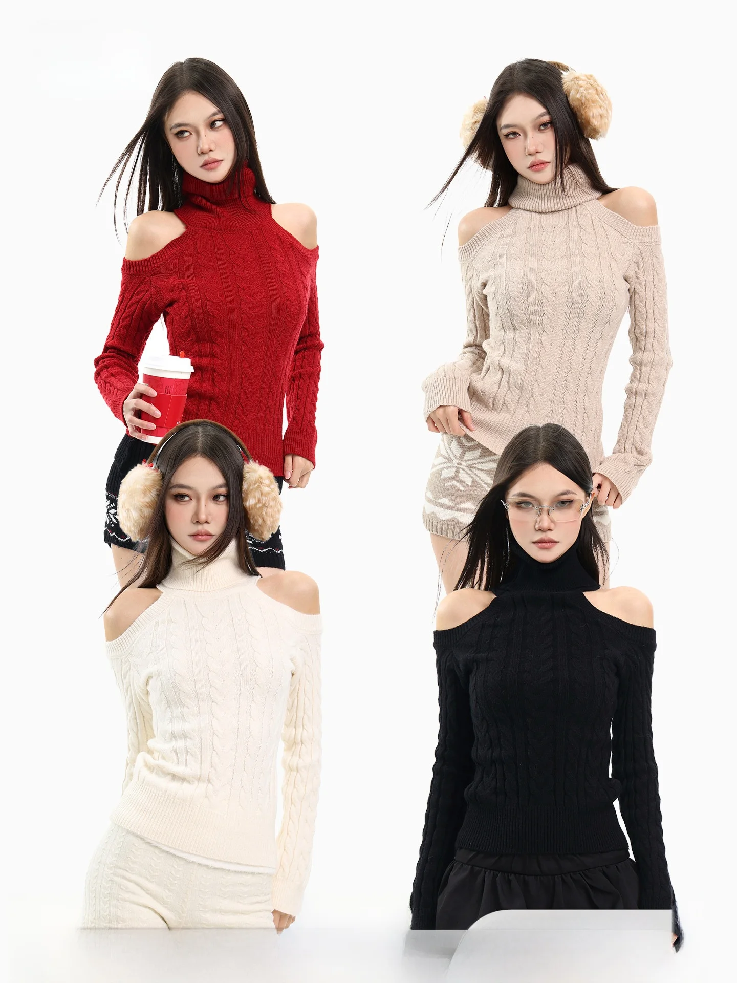 

Теплый зимний свитер с высоким воротником и дизайном «открытые плечи» для женщин, облегающий, из мягкого материала, в стиле «Spicy Girl»