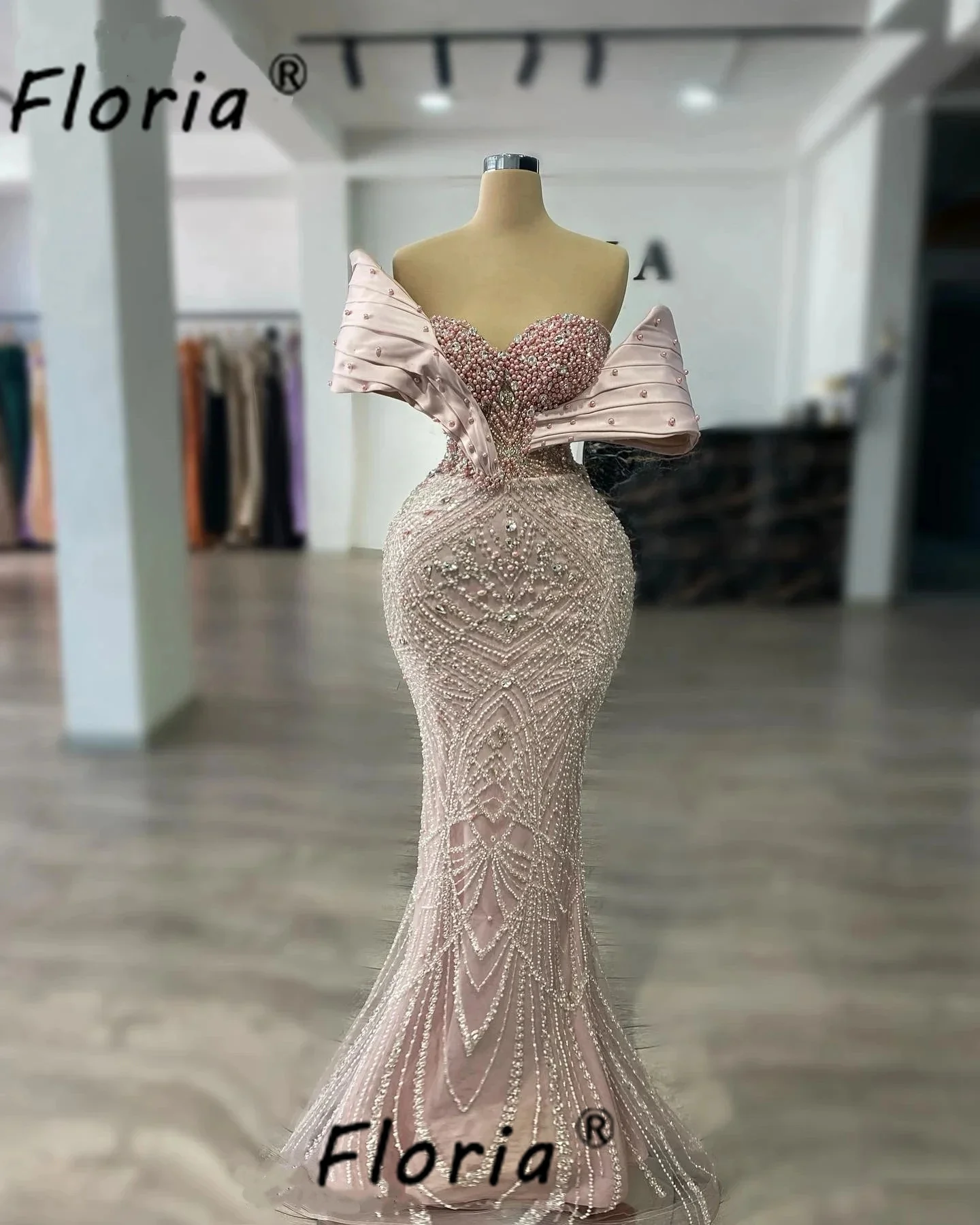 

Elegant Dubai Beaded Mermaid Evening Dresses Pearls Crystal Lace Prom Dress Party Gown Pink Party Gala Customized Robe de soiree