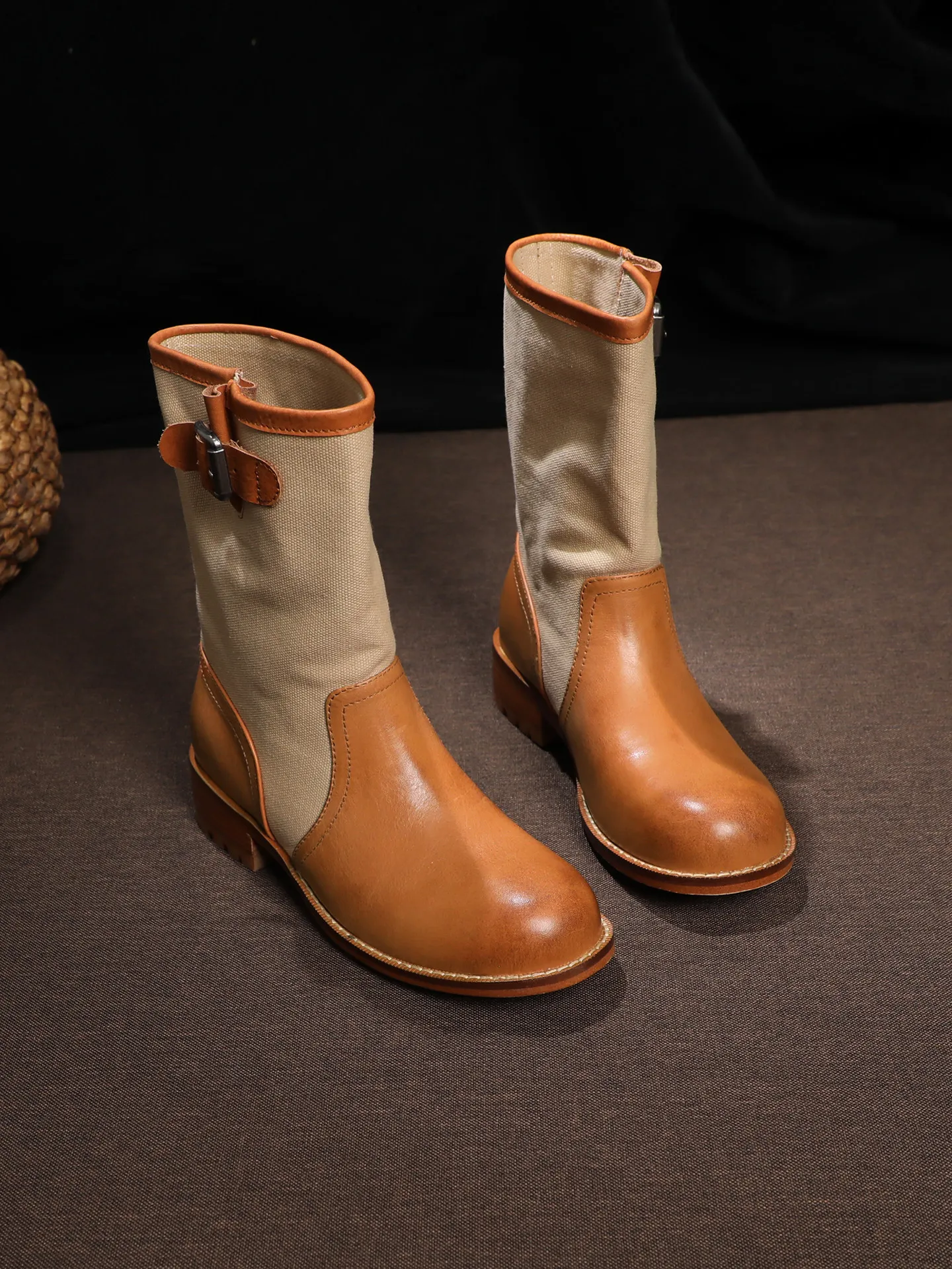 SHOEBOX Retro color blocked midsole boots for women, 2026 autumn and winter with plush thick heel belt buckle, Western cowboy