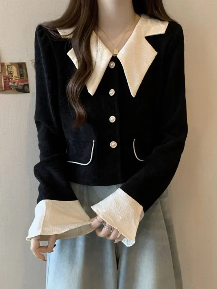 Vintage Schlanke Frauen Cord Hemd Casual Patchwork Süße Bluse Elegante Tasten Koreanische Einfache Frühling Retro Weibliche Tops Neue