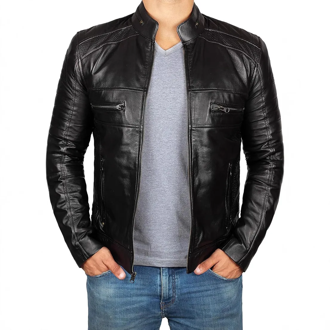 European and American men's leather jacket, men's teenage stand collar punk men's motorcycle leather jacket