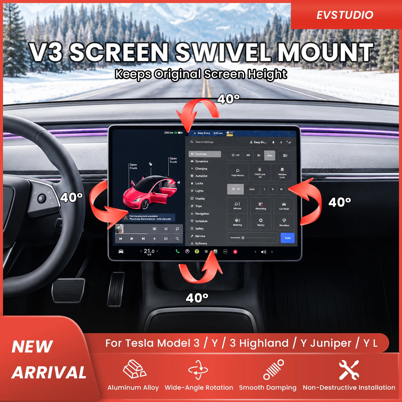 Upgraded V3 Screen Swivel Mount Kit For Tesla Model 3 / Y / 3 Highland / Y Juniper / Y L 4 Way Rotation Center Display Holder