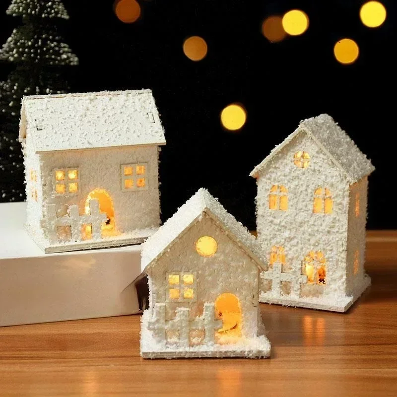 Christmas White Snowflake LED Light Wooden House Xmas Ornament  Luminous Cabin Christmas Home Party Decoration