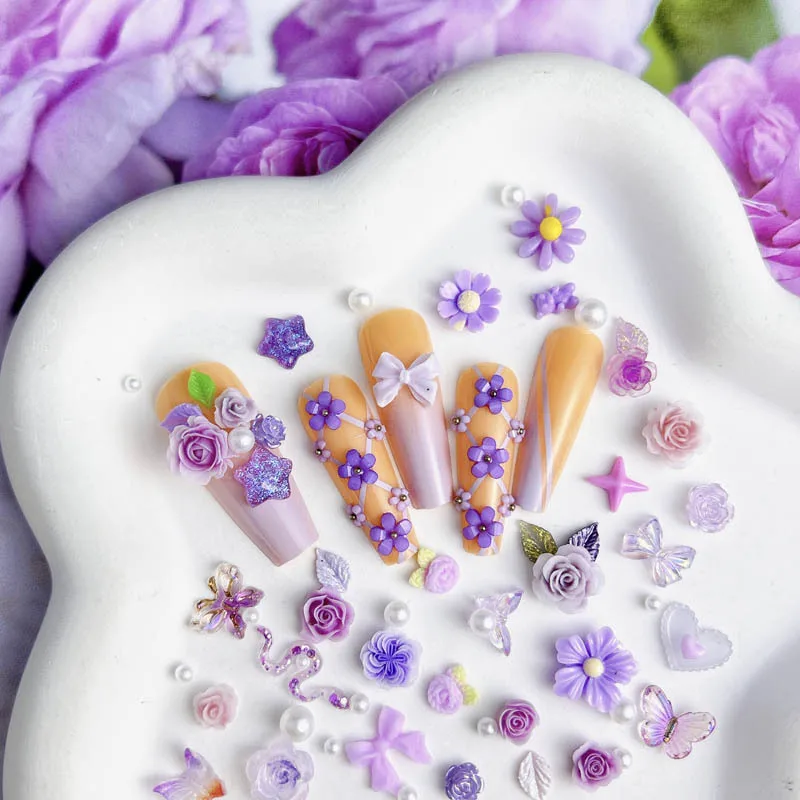 50 pezzi di ciondoli per unghie con fiori di rosa misti casuali, farfalla in resina, perle, decorazioni per unghie, accessori in cristallo fai da te, strass artigianali