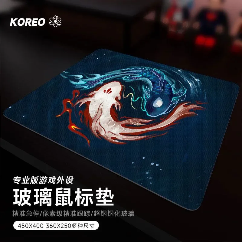 

Anime Chinese Fish Glass Mouse Pad HD Custom Tempered Upgrade Smooth FPS Esports Office Mouse Mat Desktop Computer Desk Pad