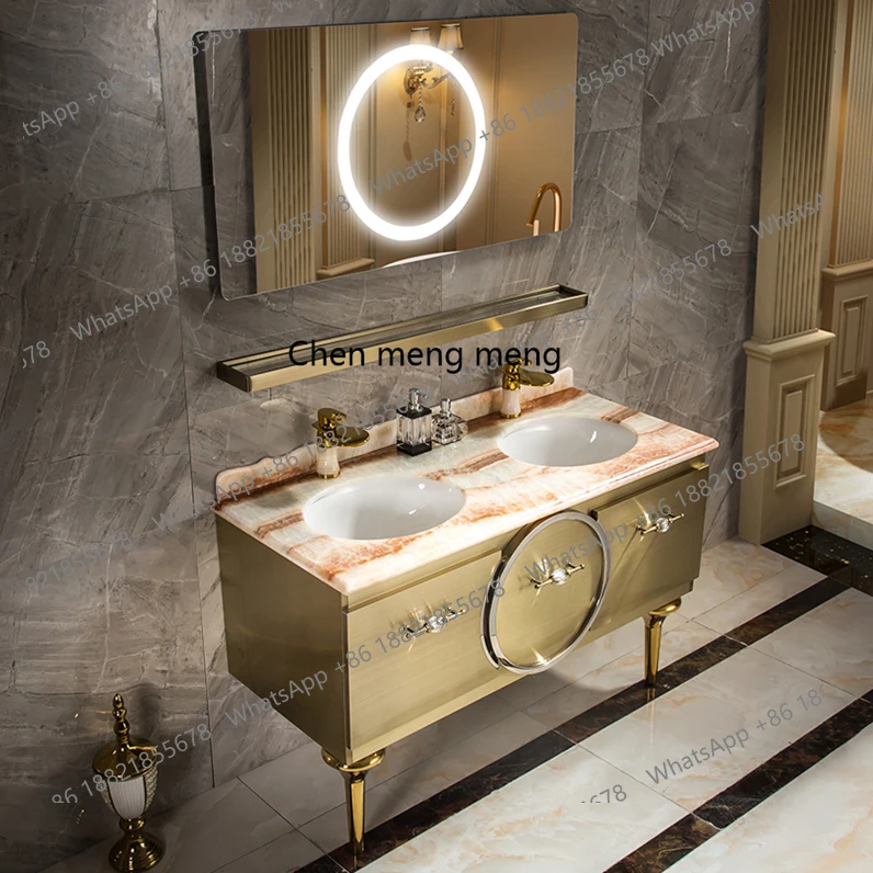 

Легкий роскошный шкаф для ванной комнаты из нержавеющей стали, комбинированный умывальник, золотой двойной умывальник, мраморный пол