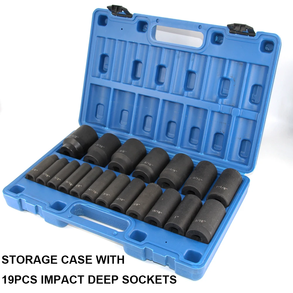 19 Piece 1/2-Inch Drive Impact Socket Set, Deep, SAE, 3/8