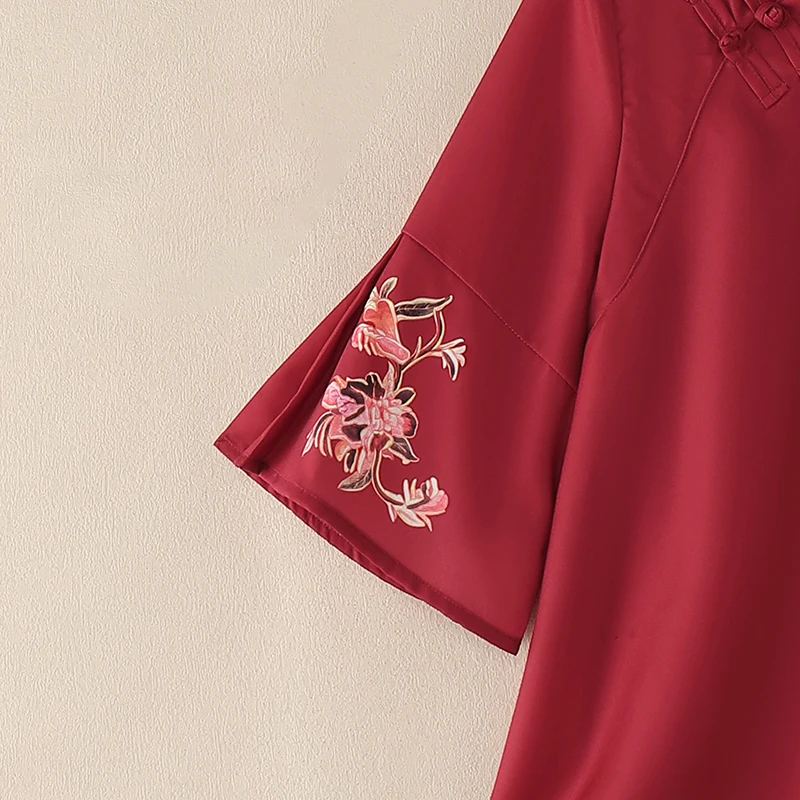 ZANZEA Chinesischer Stil Vintage Damenbluse, elegantes Arbeitshemd mit Stehkragen und 3/4-Ärmeln, bedruckte Oberteile mit Knöpfen, Blusas – Detail 14