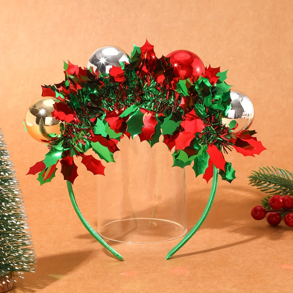 Holiday Christmas Headband, Red and Green Ball Headband Decoration - Suitable for Holiday Parties and Gift Giving