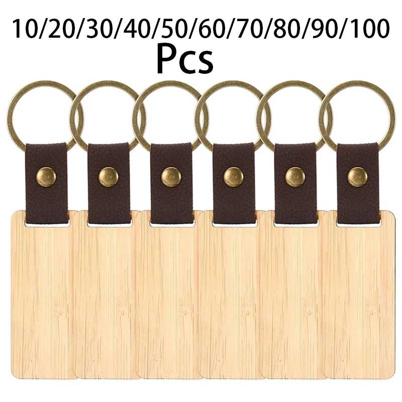 10-100Pcs Rectangle Wooden Keychain Blank Unfinished Bamboo Keyrings Blank Wood Key Chain for Pet Tags DIY Gift Crafts