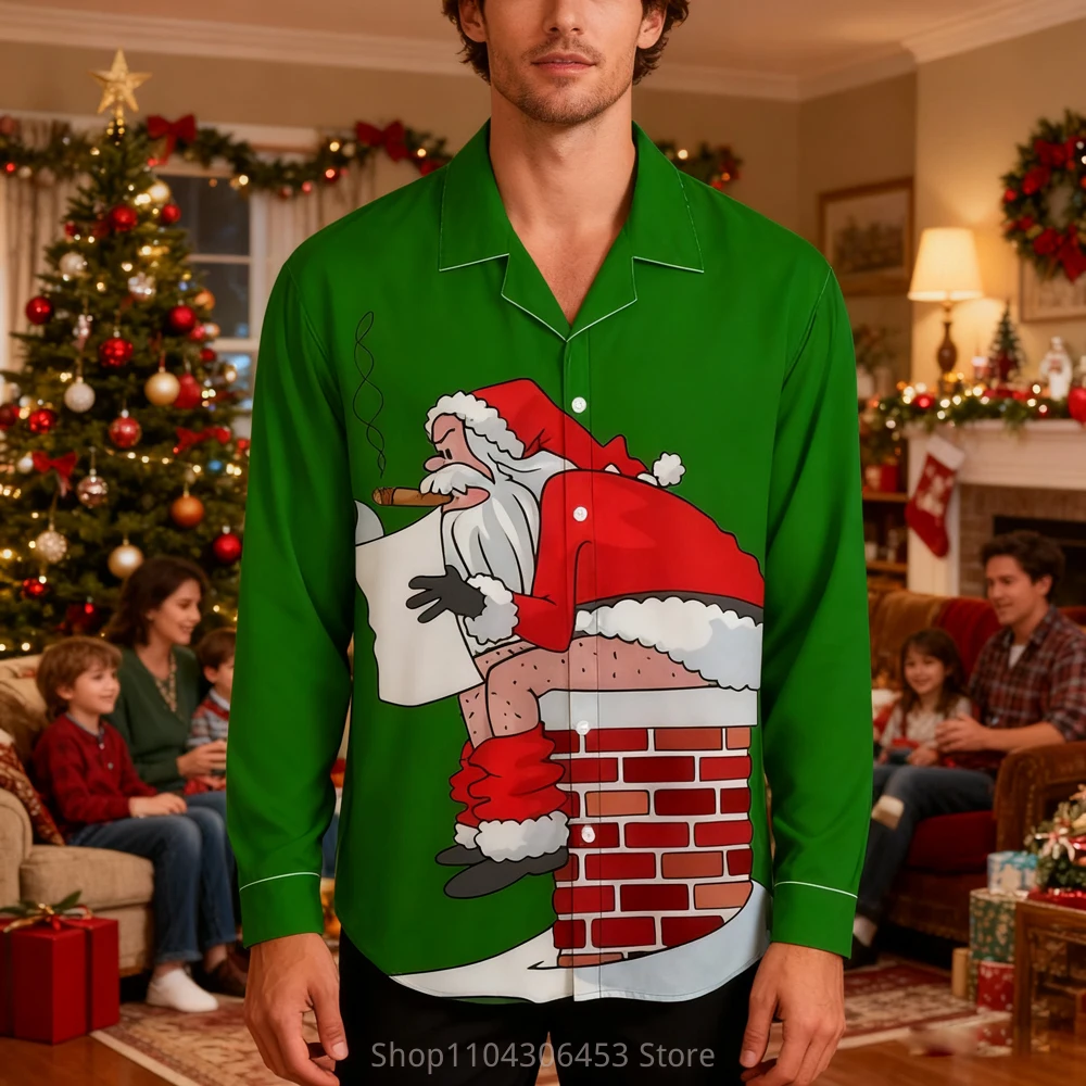 2025 Men's Christmas New Year Cartoon Funny Santa Claus Festive 3D Printing Lining Holiday Party Autumn and Winter New Gift Top