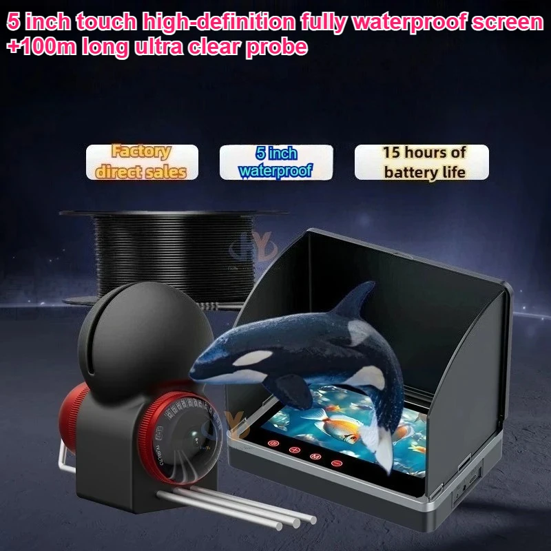 5In 100M Underwater Fishing Camera Visual Fishfinder IP68 Waterproof 10000mAh 15H Night Vision Sediment Penetration Auto Light