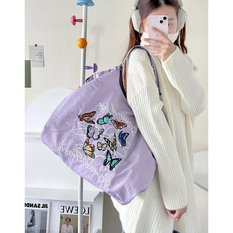 Kawaii Ball Chain Canvas Bag Embroidery Bag Large-Capacity Girl Cute Handbag Shopping Oxford Bag Shoulder Nylon Bag