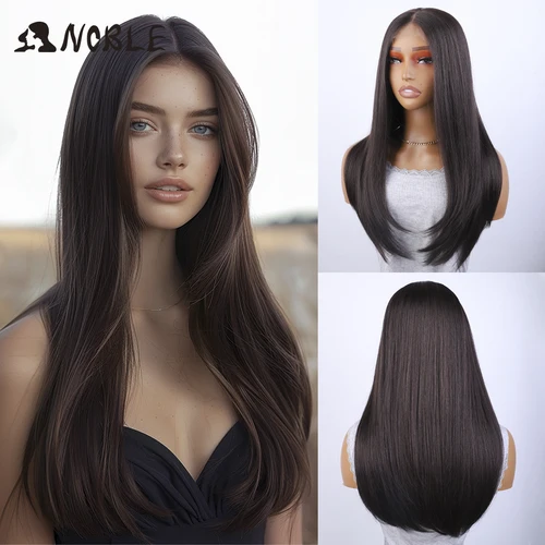 Peluca con malla frontal sintética Noble, pelo liso para bebé, peluca de pelo sintético, peluca marrón de 22 "", peluca Bob para mujer, peluca de Cosplay