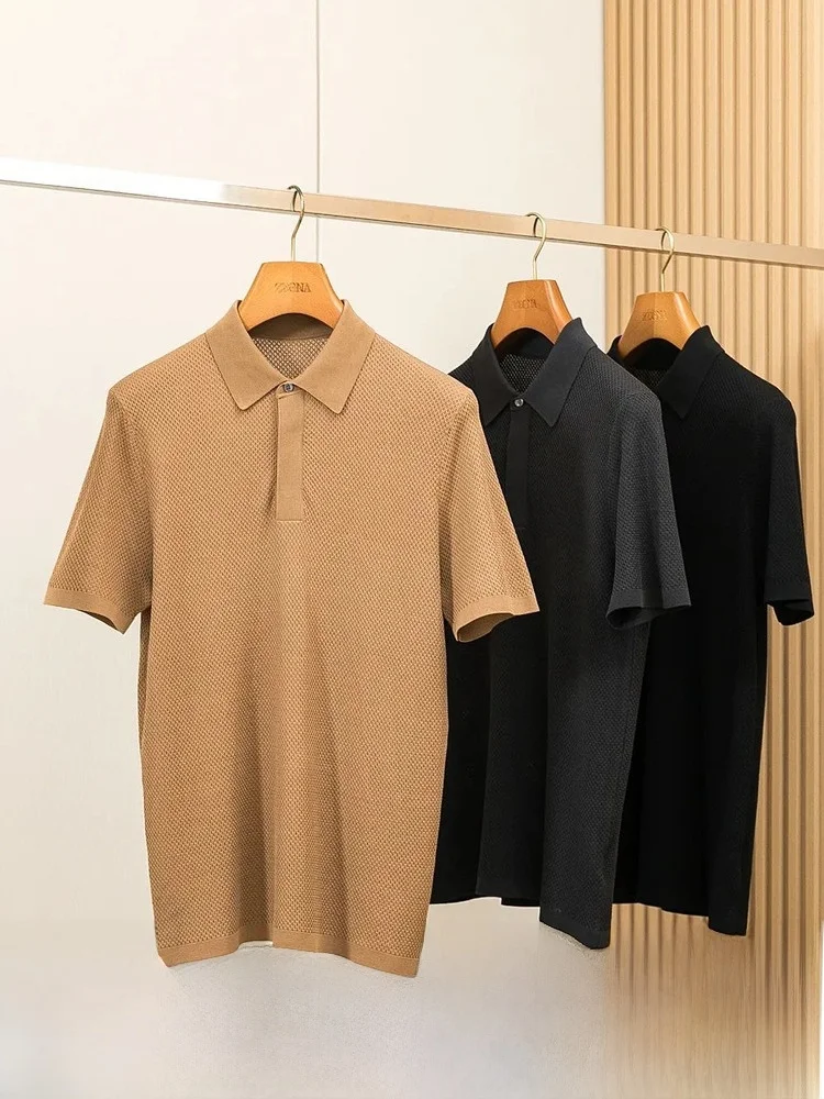 

Briti Gentleman Classic Inheritance Summer Men's New Silk Knitted Casual Collar ort Sve irt Faion Urban Sle