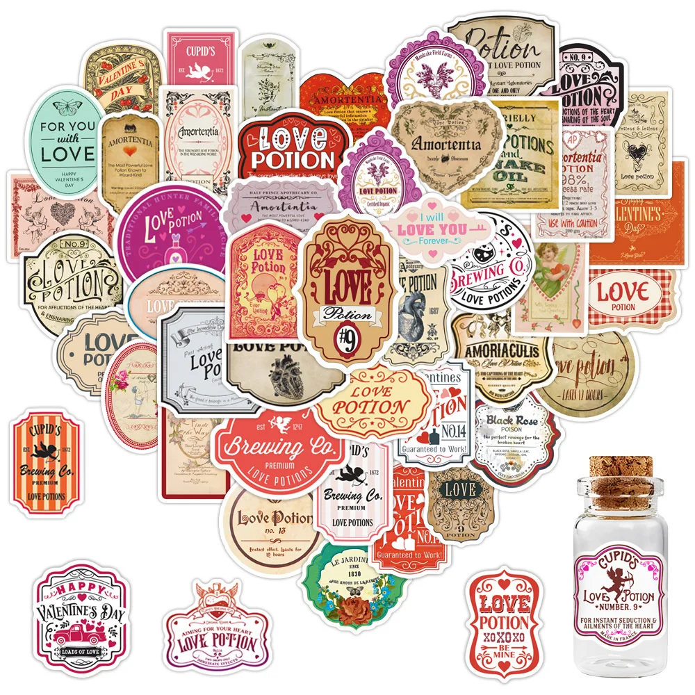 50pcs Retro Valentine's Day Love Potion Stickers For Bottle Suitcase Phone Holiday Sticker Craft Supplies Scrapbooking Material