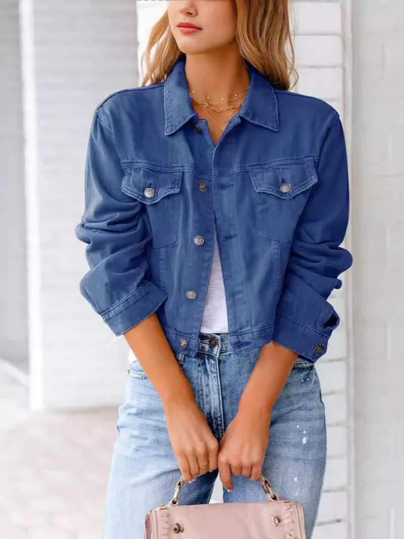 

2025 Autumn Denim Jacket Short Slim Single Breasted Long Sleeve Coat Jean Slim Solid Vintage OutwearsFaionable Casual Top