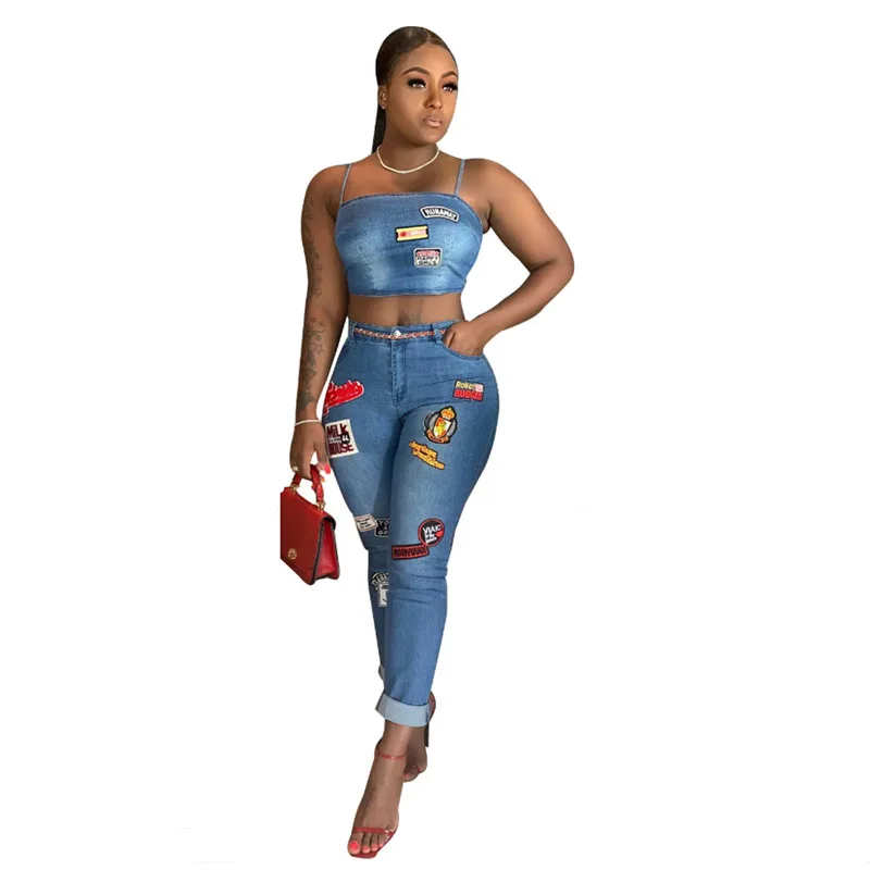 Fashion Women\'s Jeans Set Sexy Off Shoulder Strap Camisole Tops and High Waist Skinny Jean,Cartoon Sticker Jeans Casual Set