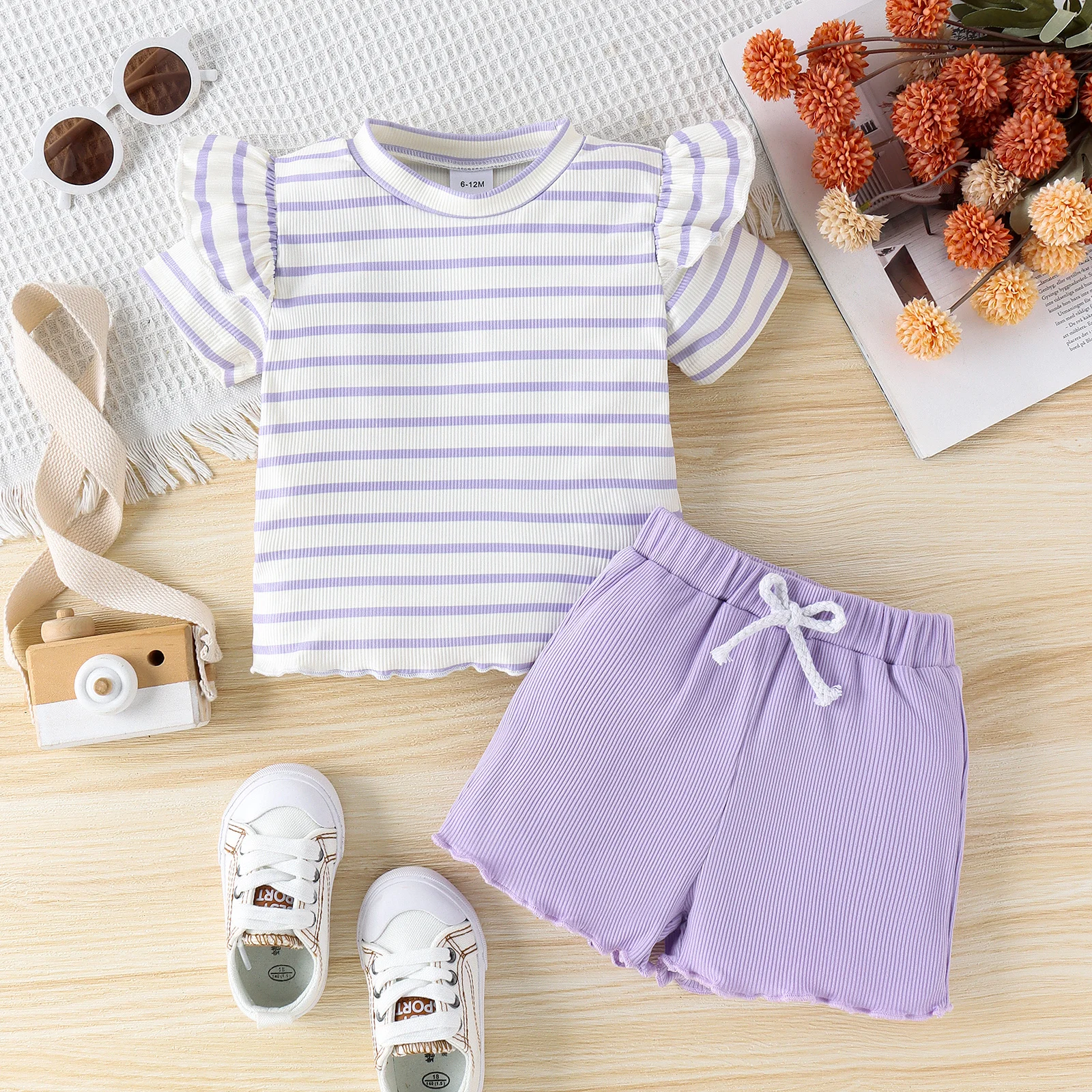 2PCS Summer Baby Girls 0-5 Years Old Soft And Comfortable Two-Color Striped Short-Sleeved Top Plain Shorts Casual Suit