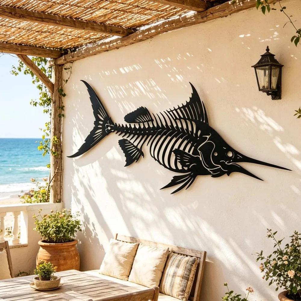 Flat Metal Marlin Skeleton Wall Art, Laser‑Cut Iron Silhouette, Powder‑Coated Rust‑Resistant Rustic Ocean Wall Decor