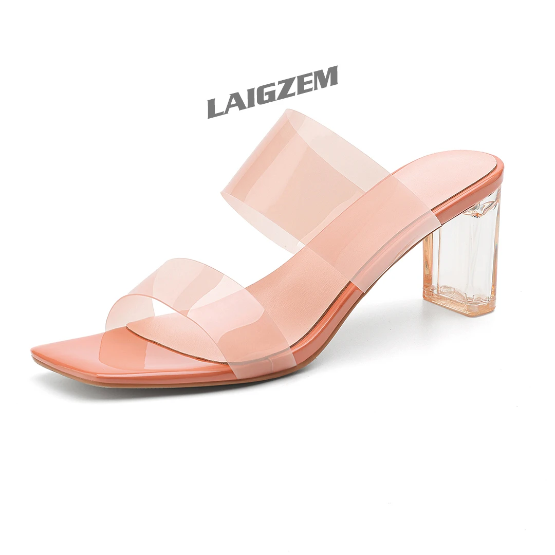 

LAIGZEM Women Sandals Transparent PVC Open Toe Clear Thick High Heels Sandals Pumps Ladies Shoes Woman Large Size 33 40 43 44