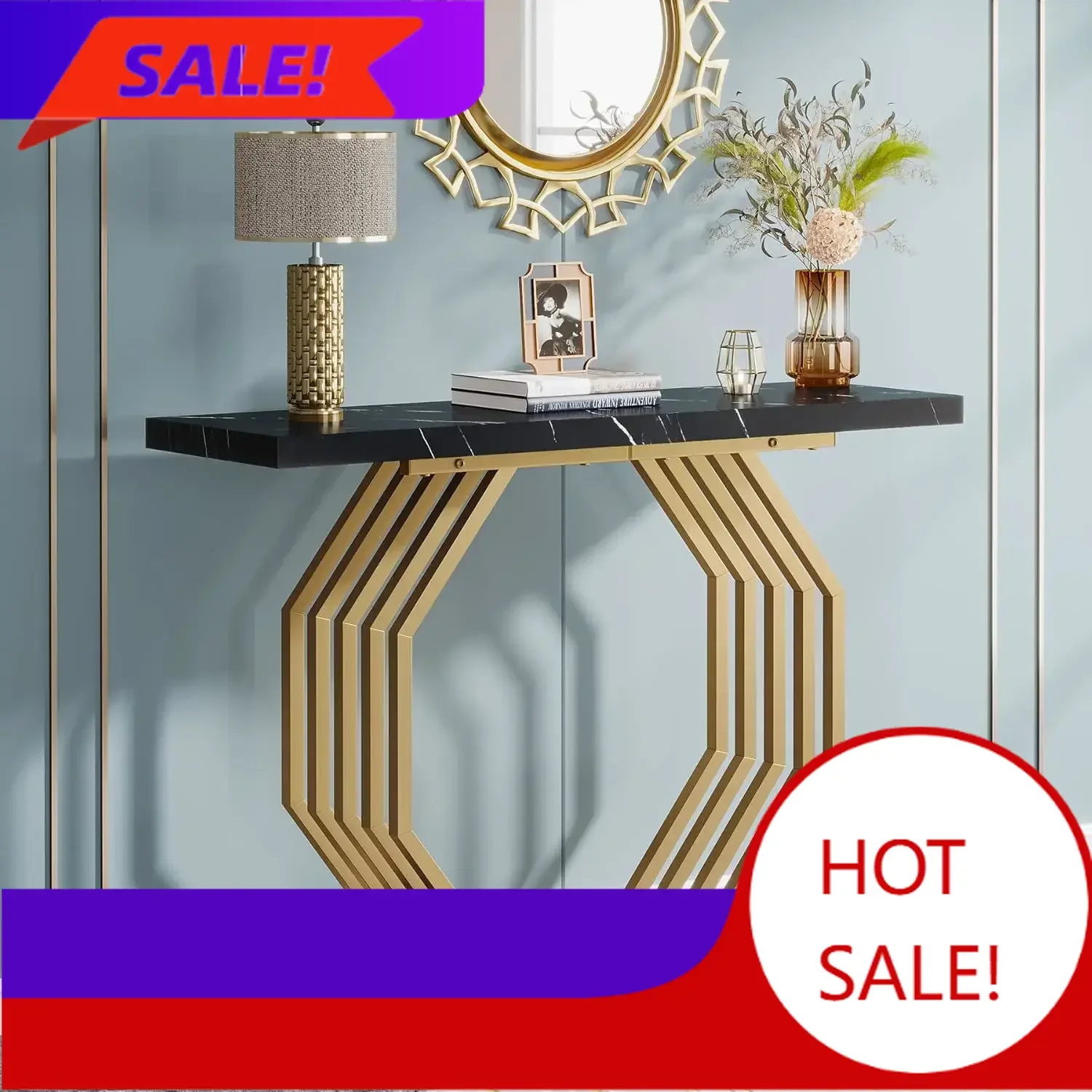 

Hot salesGold Console Table, Faux Marble Entryway Table Narrow Sofa Table with Geometric Metal Base, 40 Inch Modern