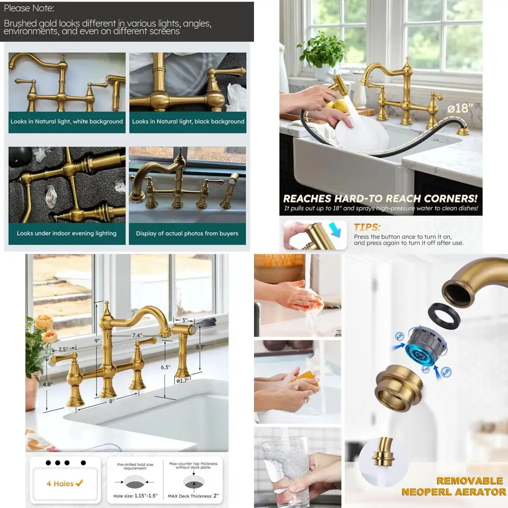 

4-Hole 8 Inch Centerset 2-Handle Gold Kitchen Faucet with Sprayer, Heritage Style Brushed Gold Sink Mixer