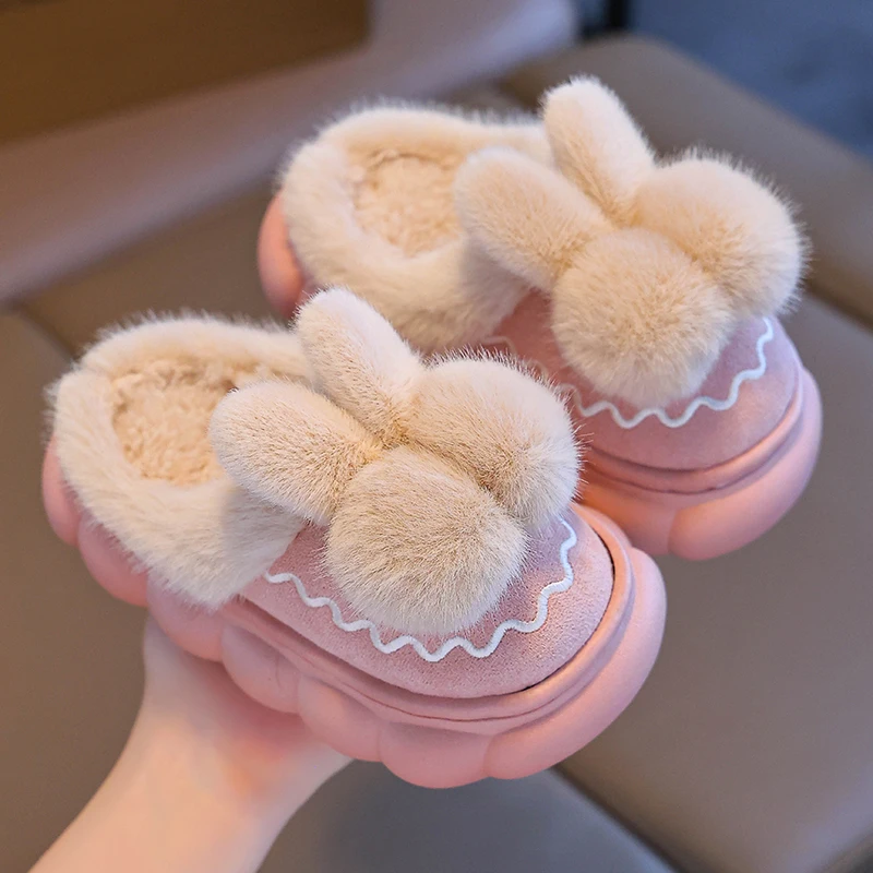 2024 New Winter Cute Hairball Children\'s Waterproof Warm Non-slip Fluffy Slippers For Girls Boys Kids Indoor Home Cotton Shoes