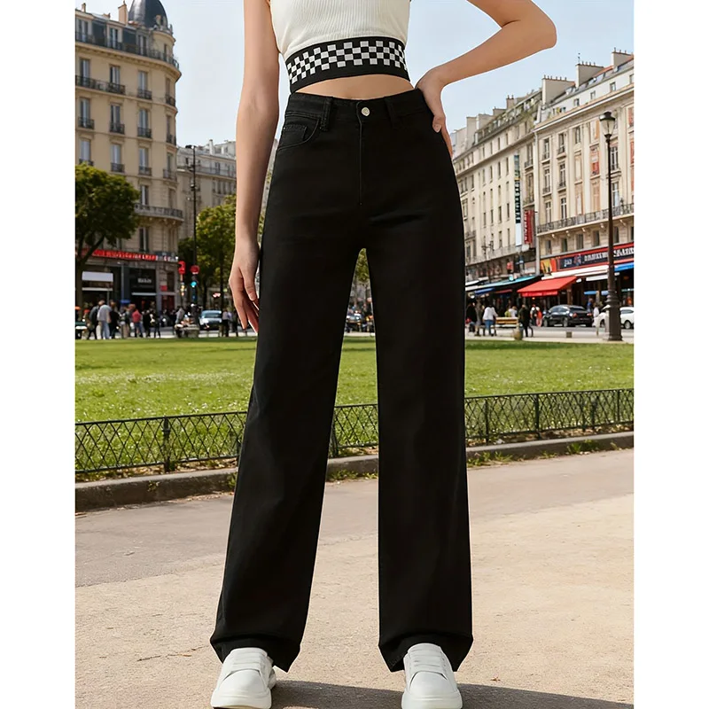 Hot Sale Lady Black High Waist Jeans Girls Classic Korean Straight Leg Denim Trousers Women Fashion Solid Color Leisure Pants