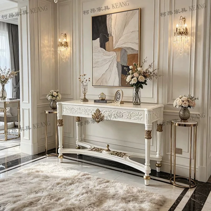 French retro solid wood carving flower entrance table European light luxury gold desk