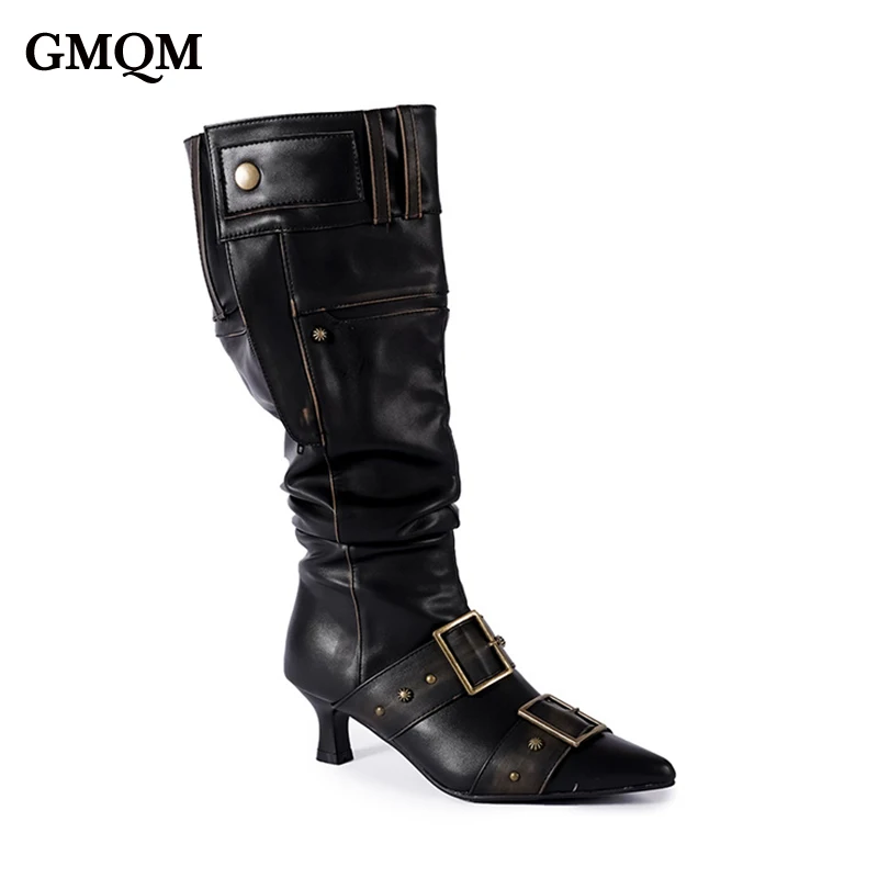 

GMQM Fashion Platform Trendy Slouchy Knee High Shoes for Women Pleated Design Retro Distressed Finish Classic Riding Boot Style