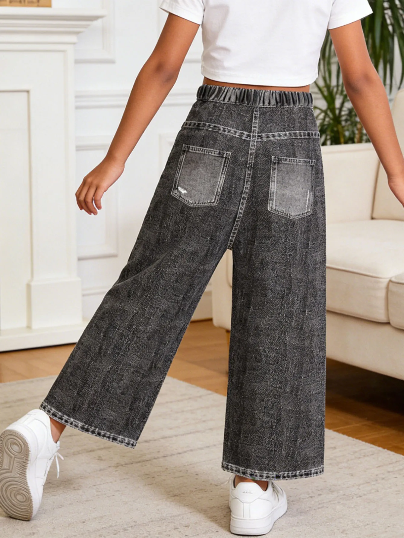 2026 children's graffiti print text bear black gray simulation denim trousers