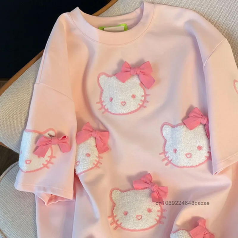 Sanrio Hello Kitty Summer Cartoon Embroidered Bow T-shirt Women's Summer Short Sleeved Tees Loose Couple's Cute Design Trend Top