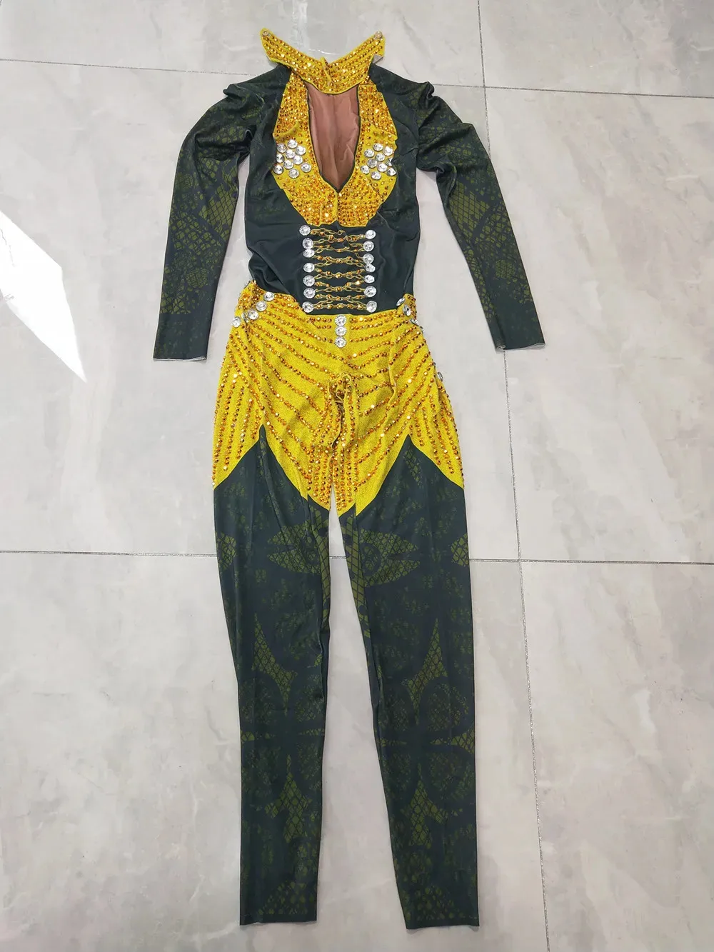 Rhinestones ทองพิมพ์แน่น Jumpsuit ผู้หญิงวันเกิดฉลอง Rompers นักร้อง STAGE Performance Leotard เครื่องแต่งกายเต้นรํา