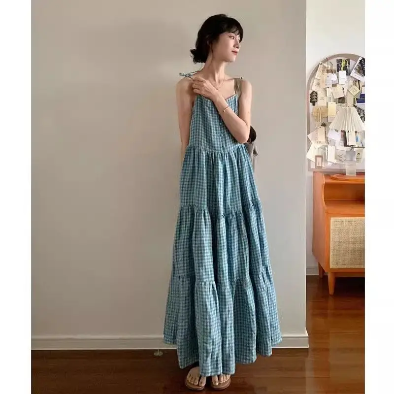 Gaganight Blau Plaid Ins Kleider Ärmelloses Hosenträger Kleid Frauen Sommer Neue High Street Süße Kühle Schlanke Urlaub Weste Vestido