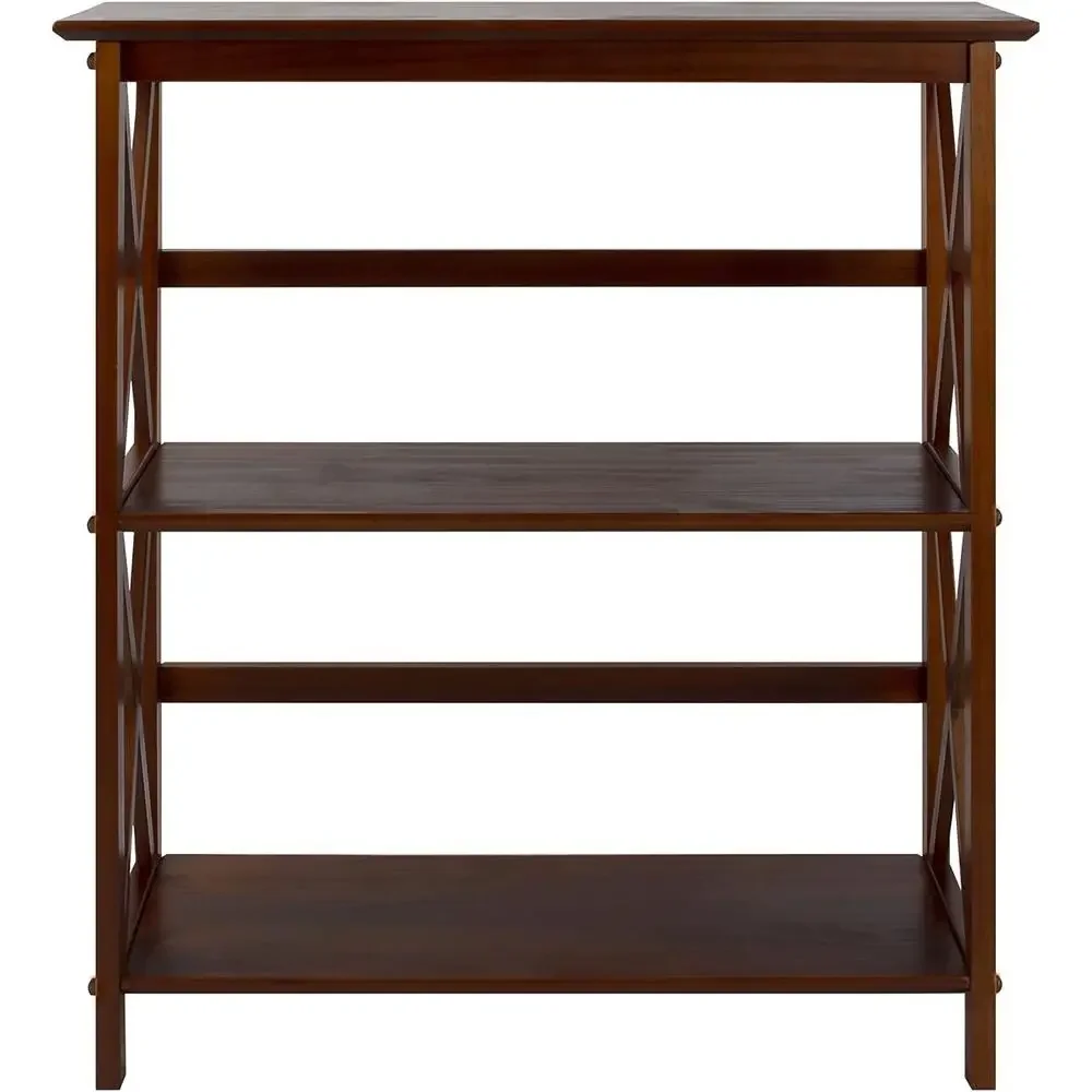 Modern 3-Tier Wood Bookshelf Dark Brown X-Design Style Shelving Unit