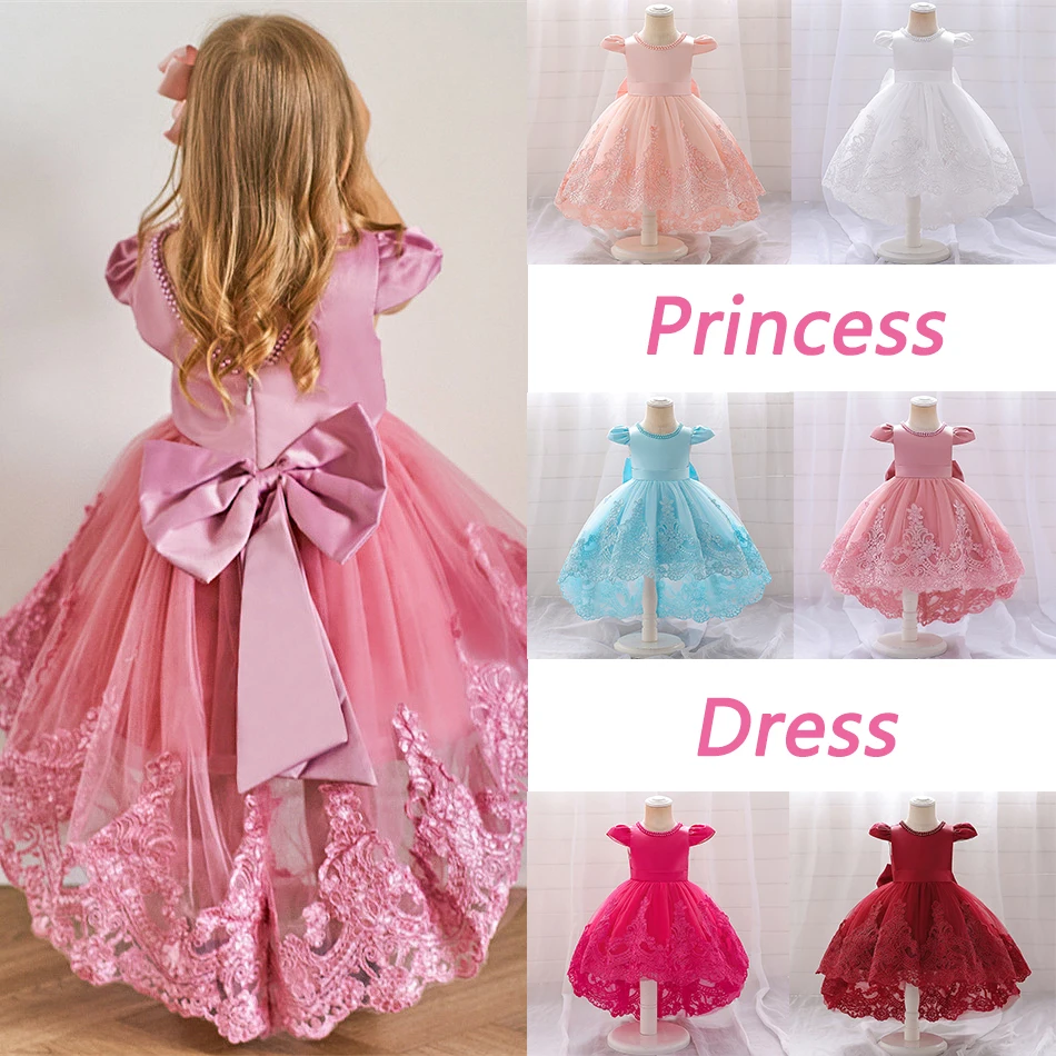 Girls Bow Princess Dress Children Solid Trailing Frocks Wedding Dresses Flower Girls Kids Birthday Party Performance Ball Gown
