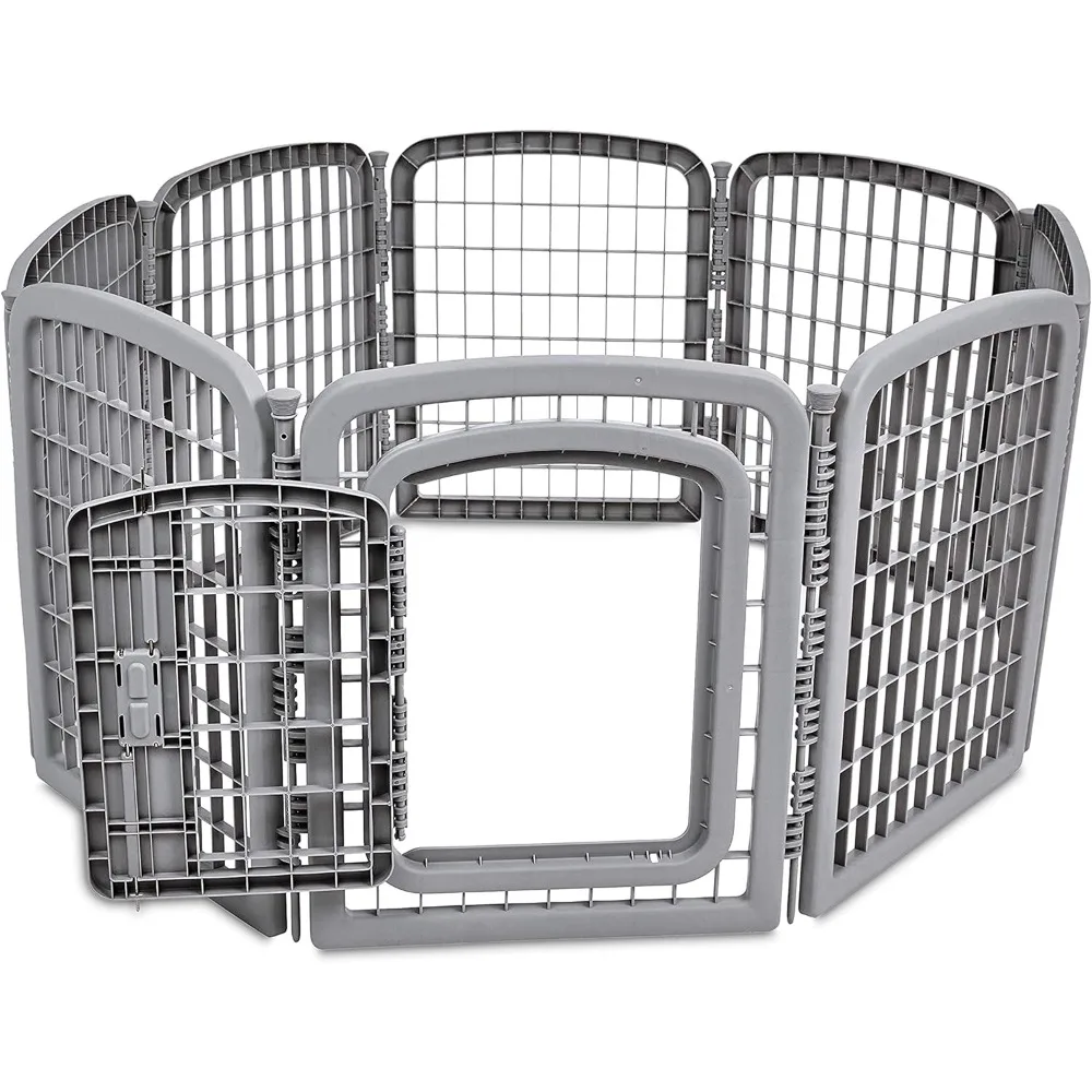 8-Panel Octagonal Plastic Pet Pen Fence Enclosure With Gate, 59 x 58 x 28 Inches, Grey