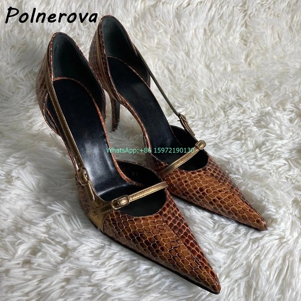retro snakeskin hollow pumps pointy toe thin heels buckle strap shoes mixed color hotties niche fashion sexy stiletto shoes