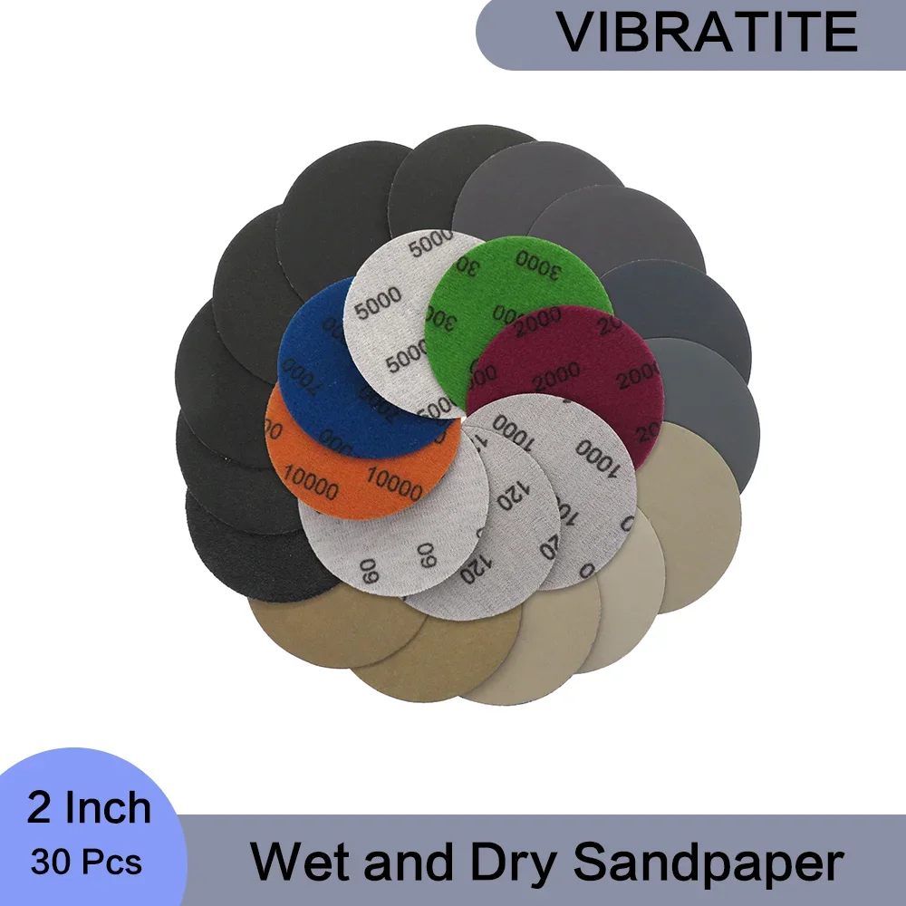2 Inch Wet and Dry Sanding Discs 50 mm Hook & Loop Sandpaper 30 Pcs for Polishing Wood Furniture Finishing Drywall Sanding Metal