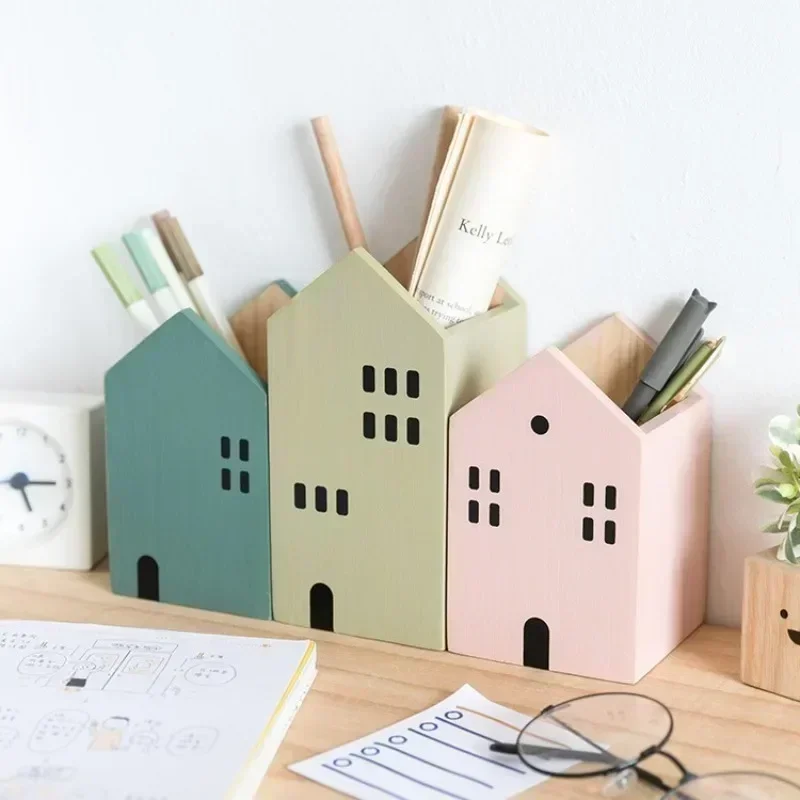 Cartoon House Wooden Pen Holder Pencil container Makeup Brush Stationery storage box Student/ Office Desktop Storage Organiser