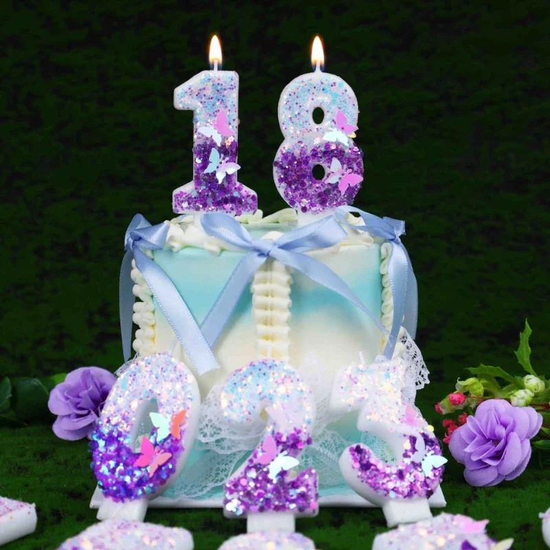Purple blue birthday candles, butterfly decorations for numbers, birthday party girl cake decorations