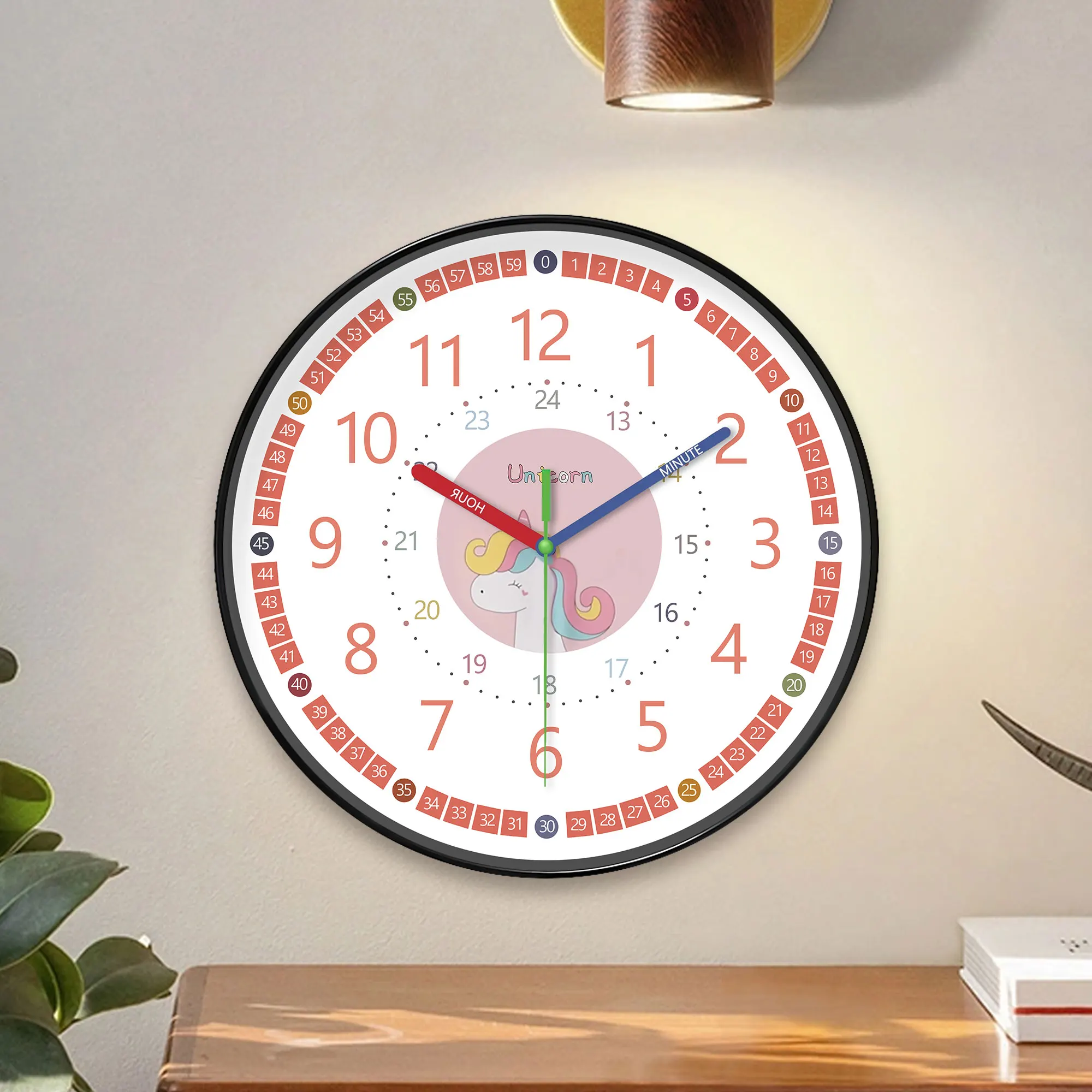 1pc 8-inch wall clock, cartoon pink unicorn and 24-hour color digital design wall clock, silent wall clock, instructional wall c