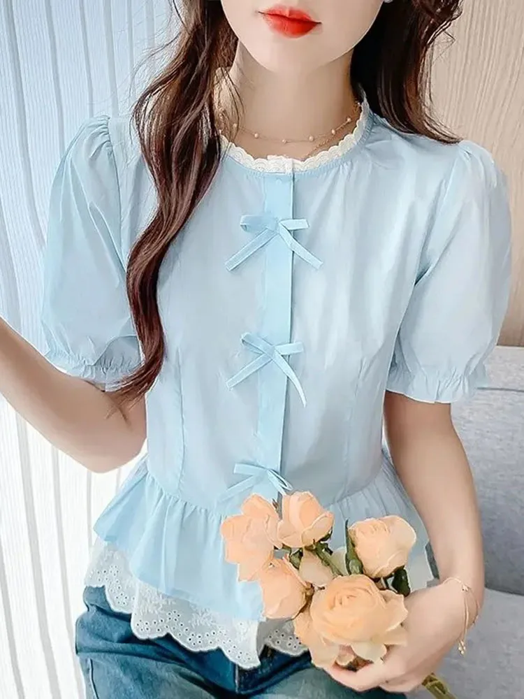 

South Korean Inspired Bow Tie Blouse Youthful Sweet Summer Top For Women Elegant Casual Shirt
